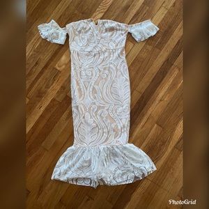white bardot lace frill hem midi dress